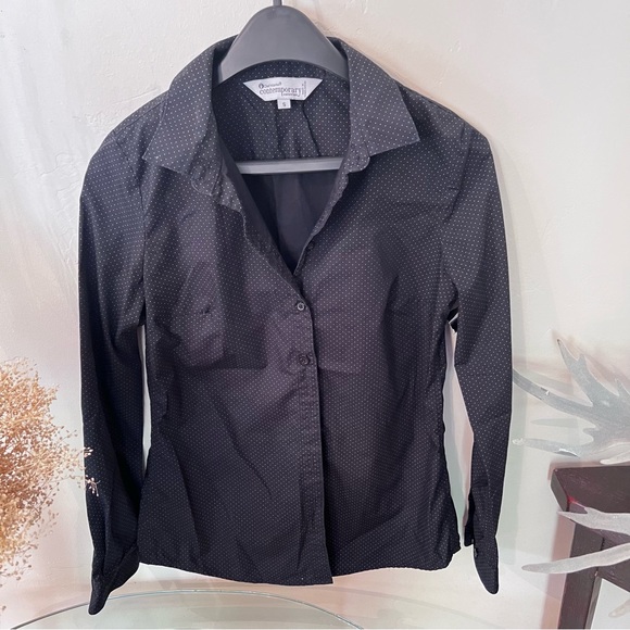 Polka dots button up feminine collared Shirt in dark navy blue - Picture 2 of 7